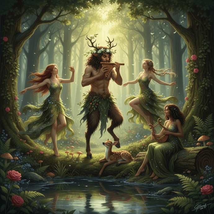 Satyr playing pan flute surrounded by dancing nymphs and a fawn in a sunlit forest.